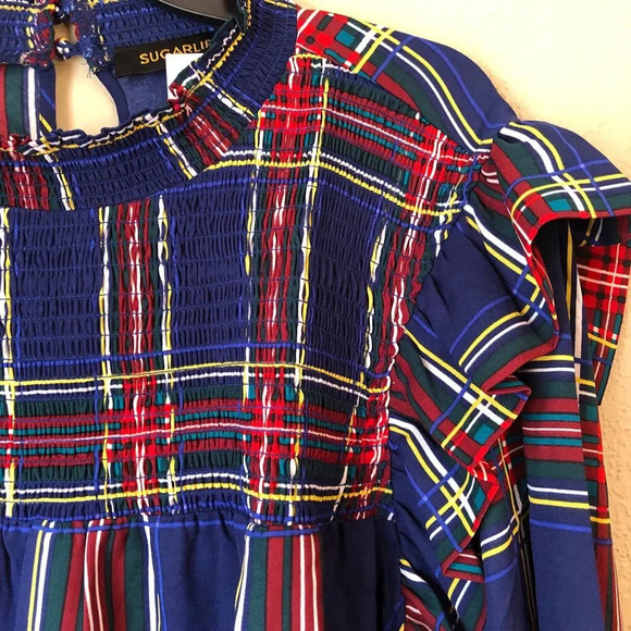 Sugarlips Plus Long Sleeve Mock Neck Navy Blue Plaid Top w/ Ruffle Details - Picture 2 of 9